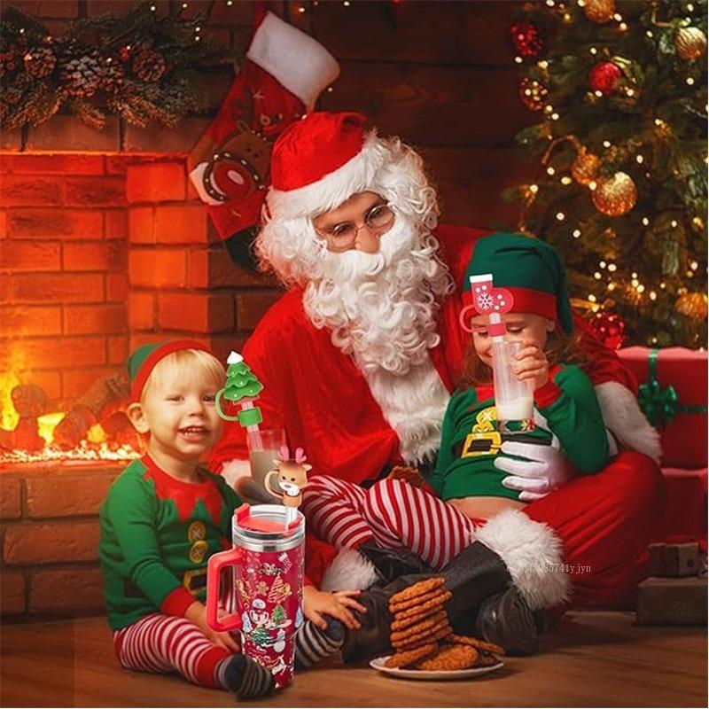 Christmas New Silicone Straw Cover 10mm Large Diameter Reusable Straw Tips Cartoon Cute Holiday Gift Dust Cap Party Xmas Decor