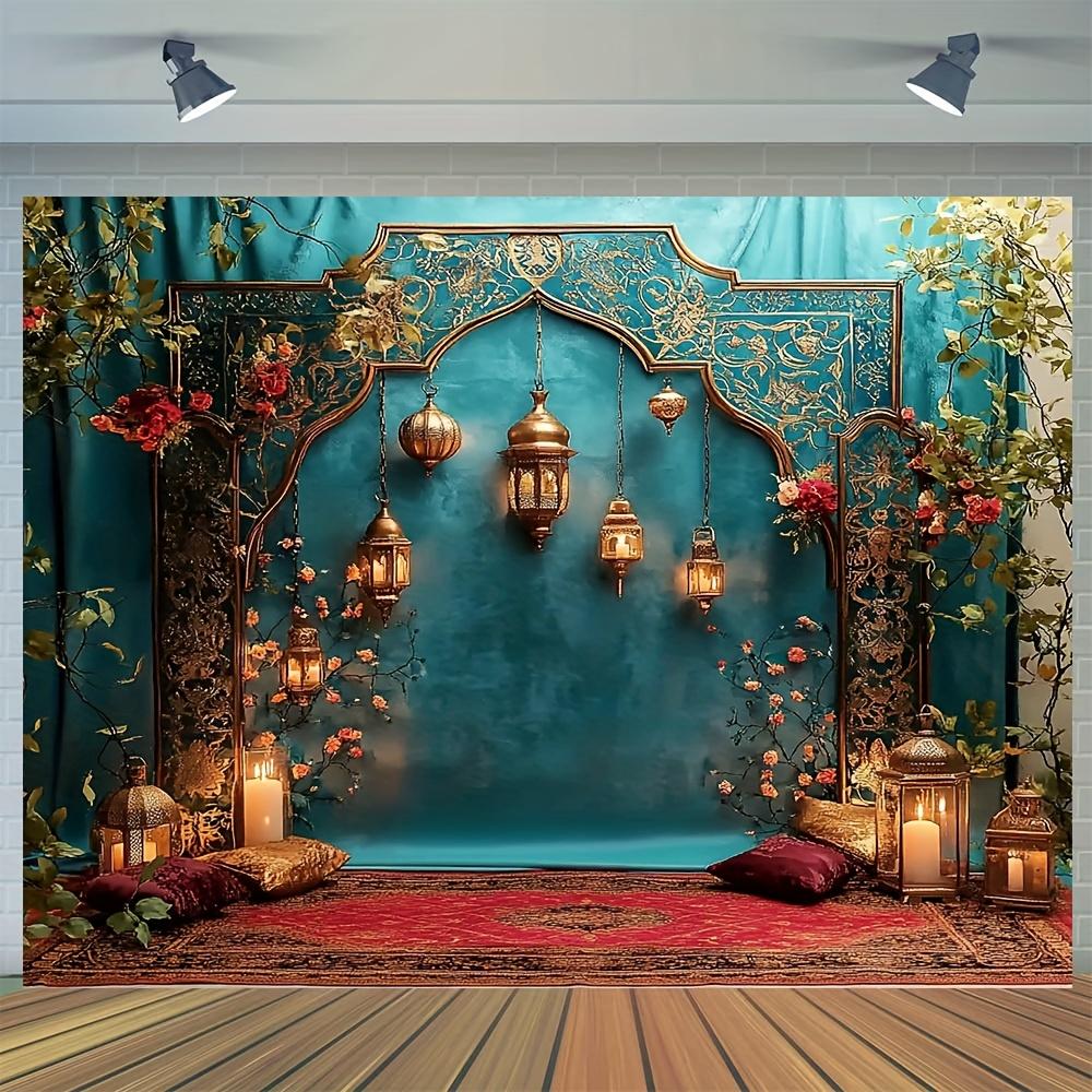 Un elegante fondo de arco marroquí decorado con linternas y flores - decoración de pavo real de poliéster duradero