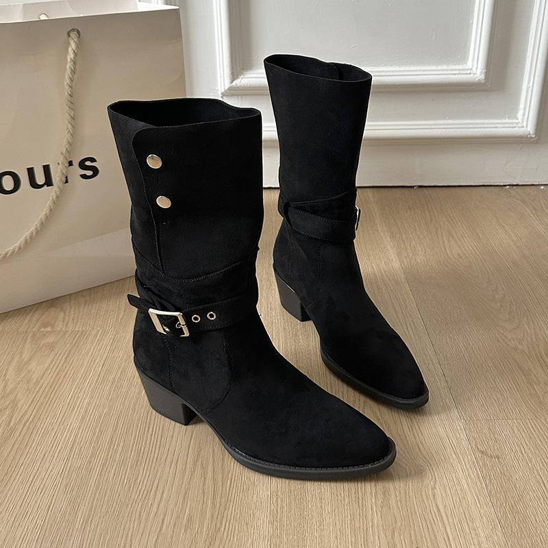 Retro belt buckle pointed middle boots thick heel autumn and winter fashion thick sole, thin and high casual western cowboy boots