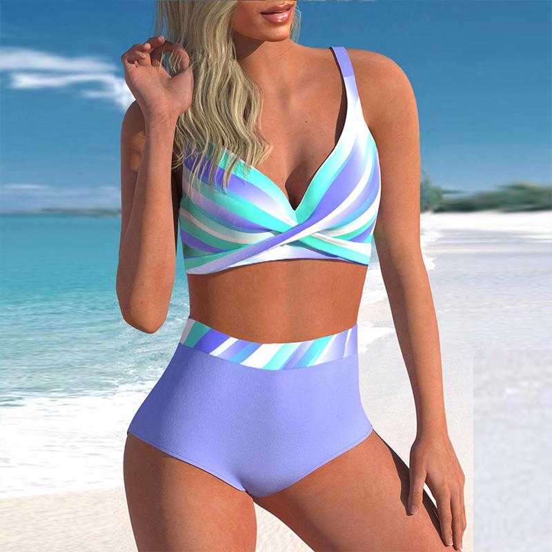 Women's Halter Two Thick Stripes Print Bikini Tankini Swimsuit