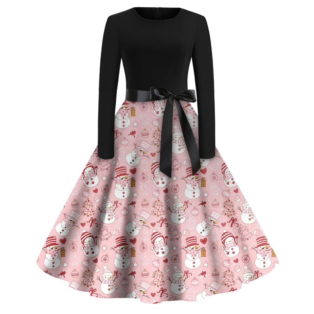 Christmas Print Flare Dress For Women Long Sleeve Dress Hollow Party Casual Dresses