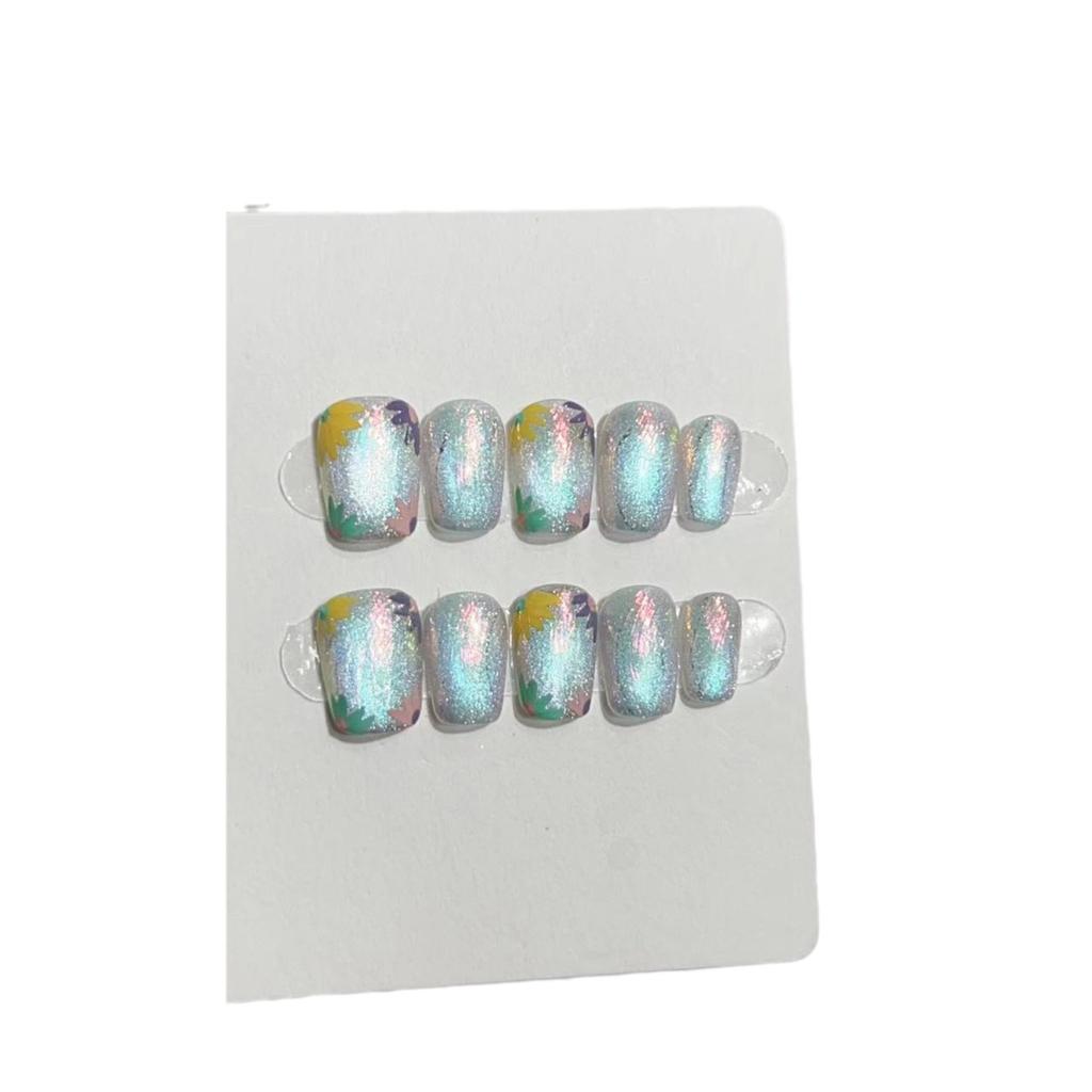 Summer Nail Art Fake Nail Patches Ins Short Dopamine Hand-painted Sun Aurora Cat Eye Wear Nail Patches