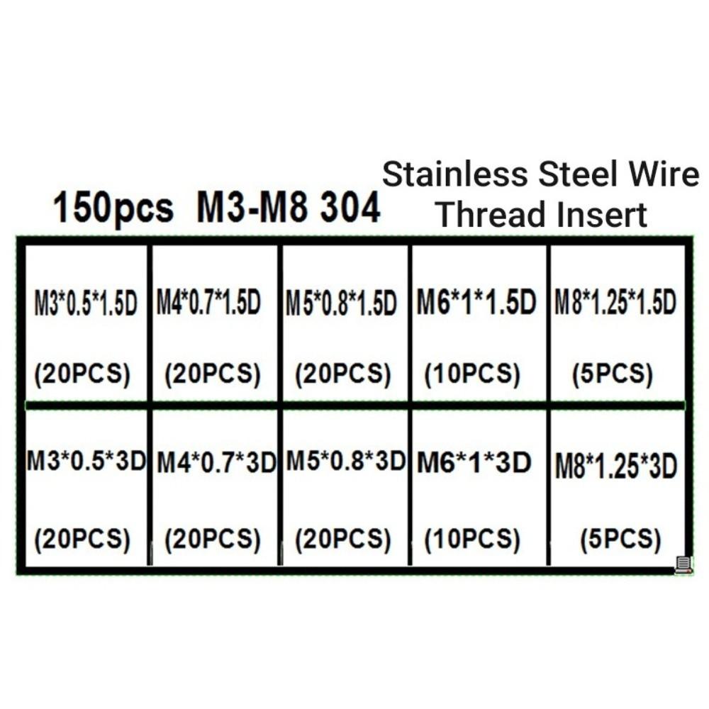 150pcs M3-8 Wire Insert Screws 304 Stainless Steel Coiled Wire Inserts Thread Repairing Tool  Daily