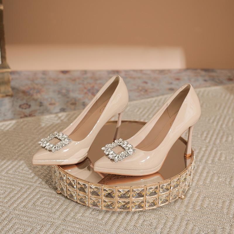 Rhinestone Square Buckle Patent Leather High Heels Women's Pointed Head Thin Heel Waterproof Table Black Temperament Royal Sister Wind Shallow Mouth