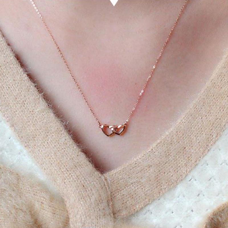 Purple Gold-Plated Rose Gold Heart-To-Heart Color Gold Necklace Fashionable And Simple Double Heart Chain For Women