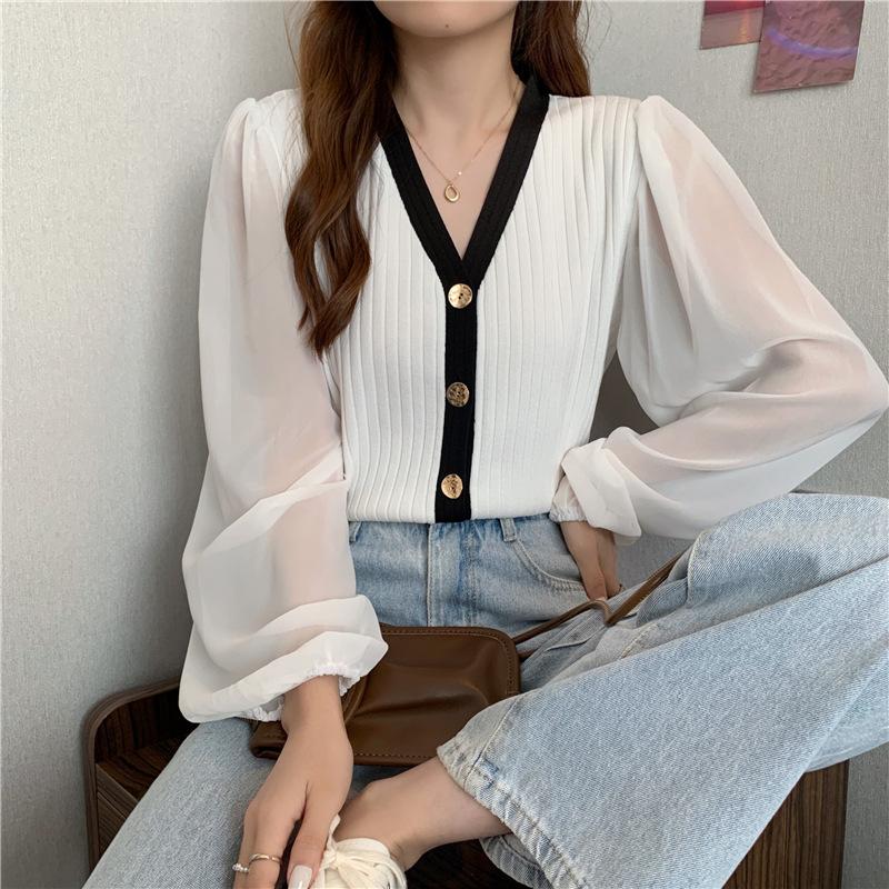 Autumn Winter Loose Casual V-neck Cardigan Sweater Women Long Sleeve Chiffon Patchwork Knitting Coat Top