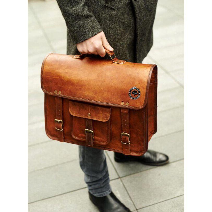 Genuine Vintage Goat Leather Messenger Real Satchel Bag Laptop Brown Briefcase