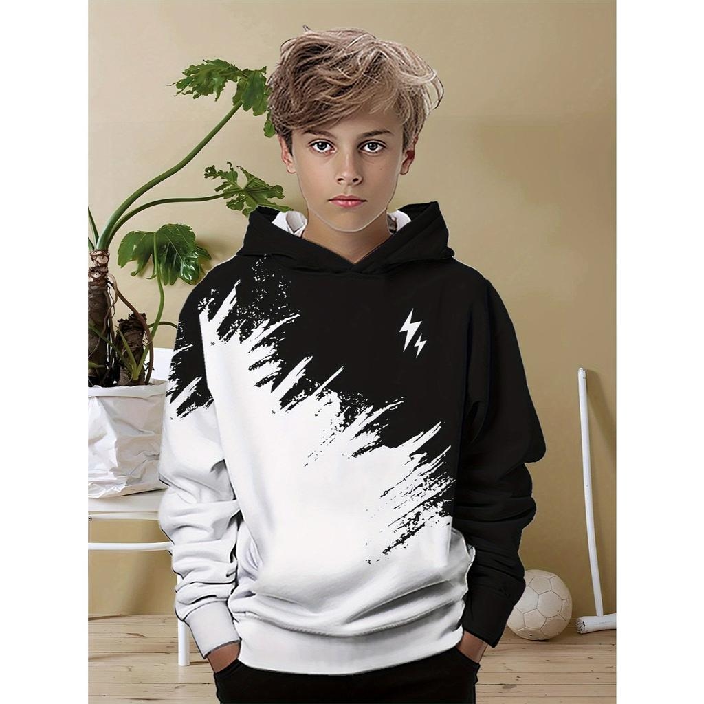 Boys' black and white hooded sweatshirt - street style pullover, long sleeved casual outfit suitable for school and play
