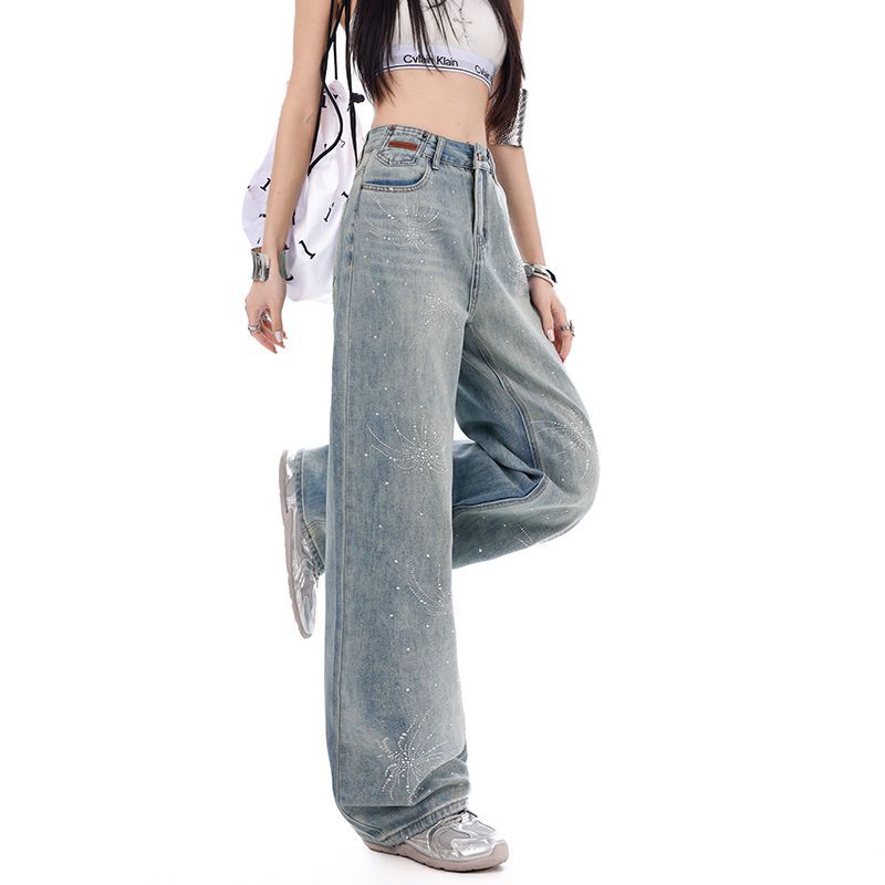 Early Spring Rhinestone Relaxed High Waist Straight Wide Leg Long Denim Pants For Women Casual Pants Oversize Denim Trousers