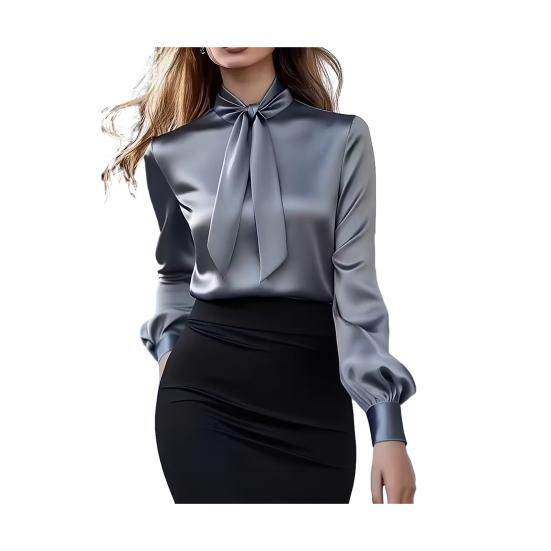 Women Shirt Stand Collar Lace-up Long Sleeve Satin Texture Shirt Solid Color Regular Fit Office Lady Shirt Spring Autumn Casual Tops