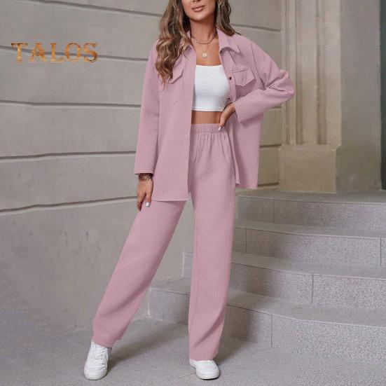 2 Pcs/Set Fall Spring Women Shirt Pants Set Long Sleeves Lapel Button-down Blouse with Chest Pocket Elastic Waist Trousers OL Commuting Sport