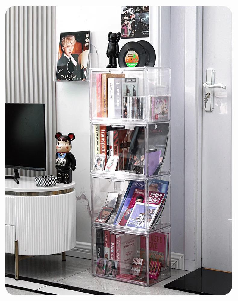 Acrylic Transparent Bookshelf: Dustproof, Large-Capacity Magazine & CD Display Box.