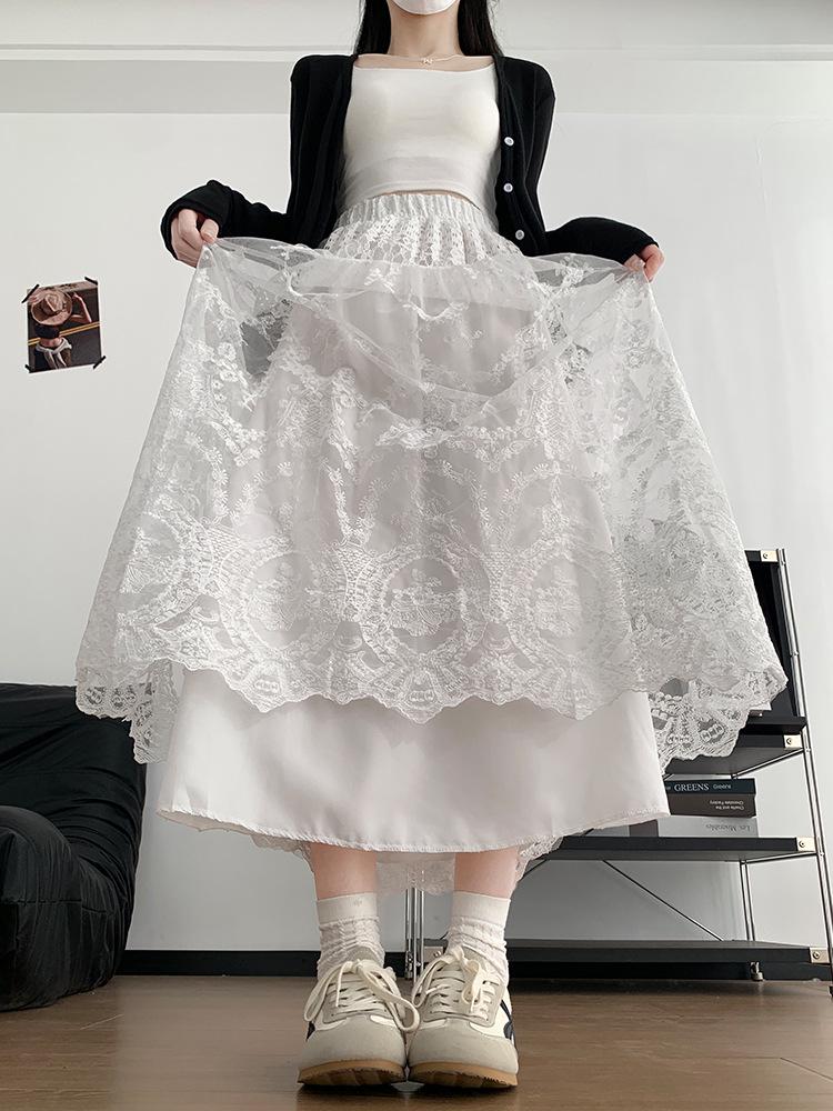 Spring/Summer Lace Crochet Dress: Women's Retro High-Waist A-Line Skirt with Embroidery