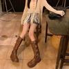 Brown Western Cowboy Boots Women's But Knee Boots Metal Belt Buckle Thick Heel Platform Tall Knight Boots Single Boots