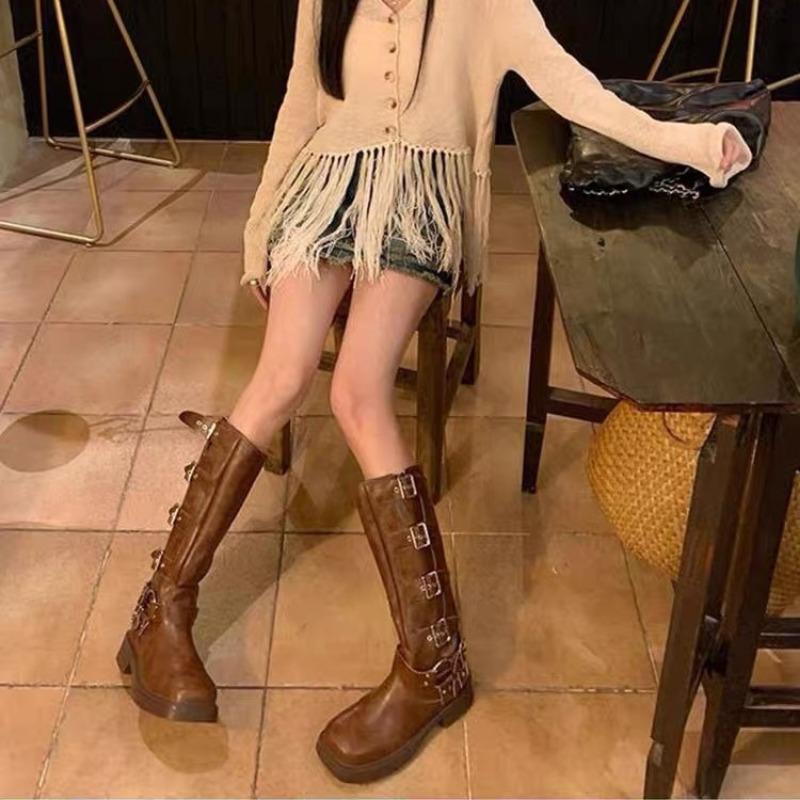 Brown Western Cowboy Boots Women's But Knee Boots Metal Belt Buckle Thick Heel Platform Tall Knight Boots Single Boots