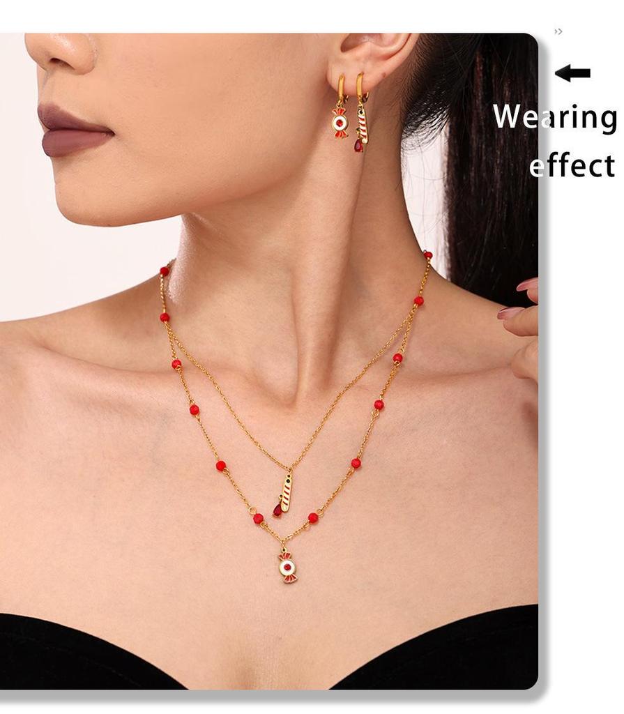 Qiong Yao Double Layer Garnet Jewelry Set: Necklace, Bracelet, Asymmetrical Earrings