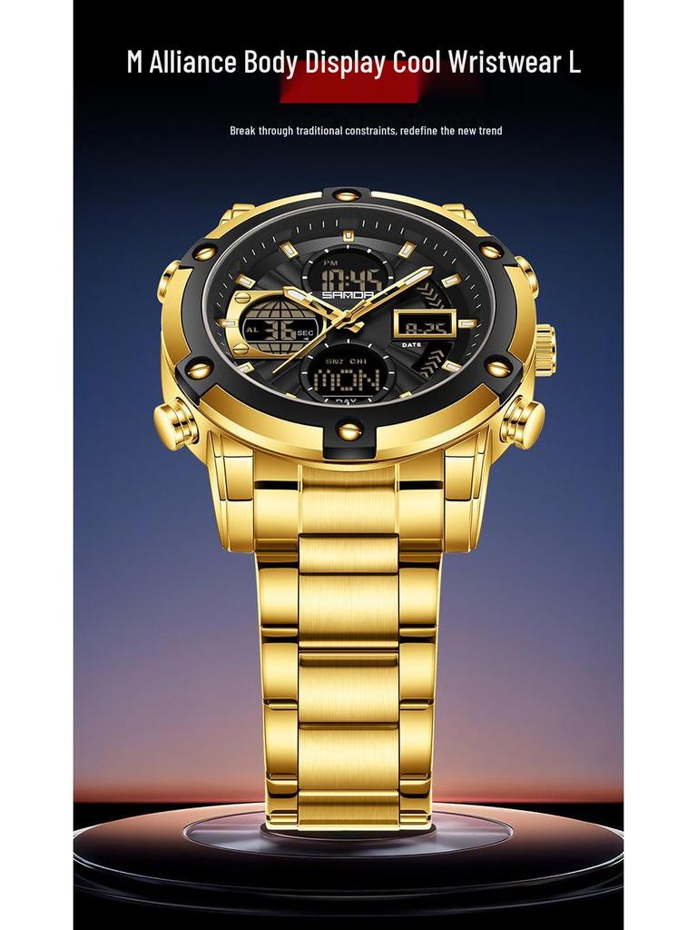 SANDA Men's Multi-Time Zone Steel Band Watch - Luminous, Waterproof, Alarm & Stopwatch Features