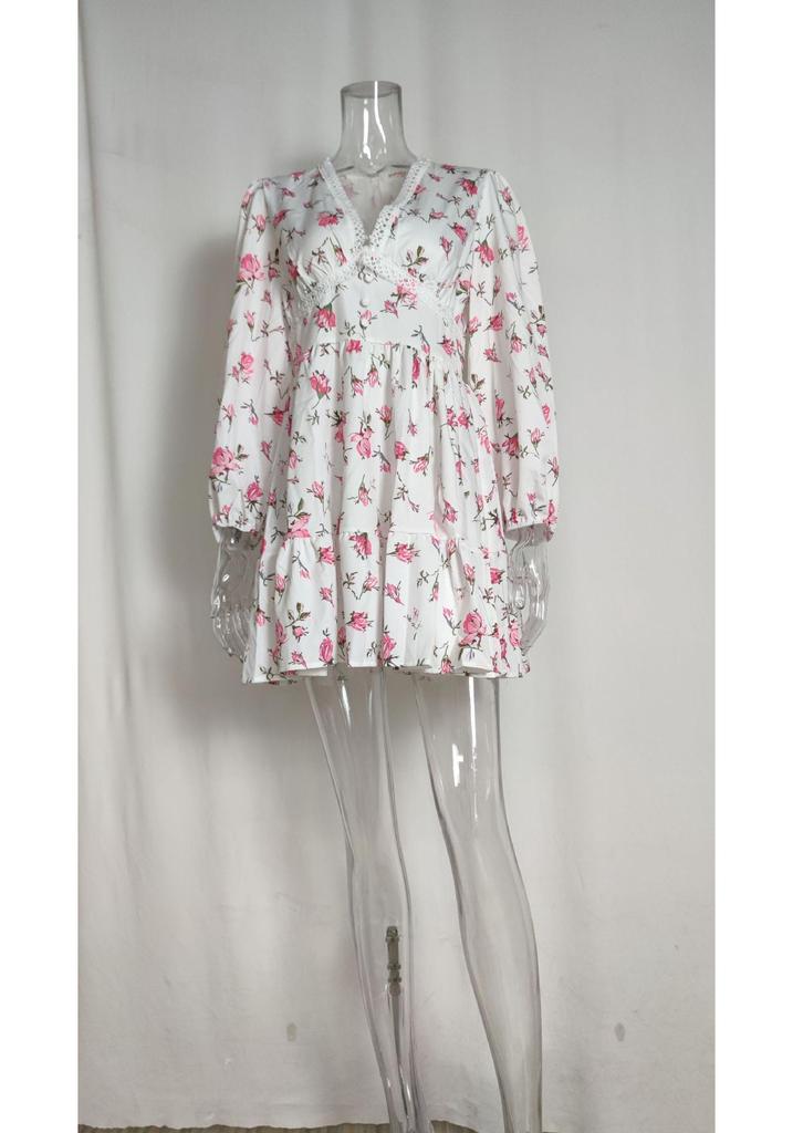 Elegant Sweet Floral V-neck Lace Short Dress - European & American Spring 2026 Collection