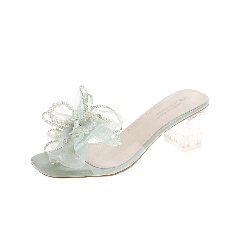 Ciabatte da Donna con Tacco Alto Ciabatte Mules con Fiocco a Farfalla e Perle Ciabatte Trasparenti in PVC con Tacco Alto per Donna Tacchi Alti a Punta Quadrata