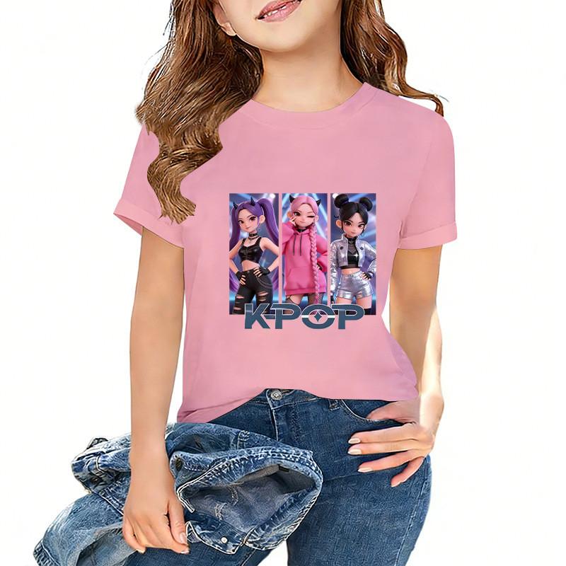 Kids Girls Kpop Hunters Zoey Mira Rumi Print Short Sleeves T-shirt