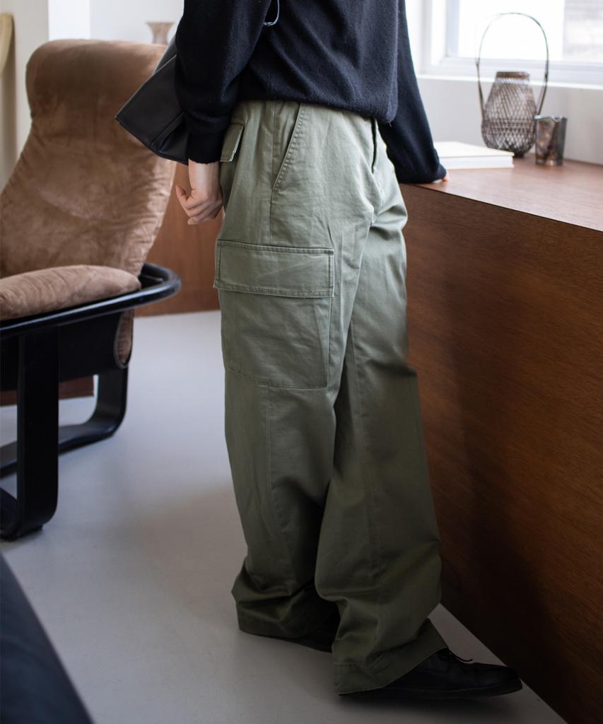 Paseleu Back Satin Straight Cargo Pants [Olive]