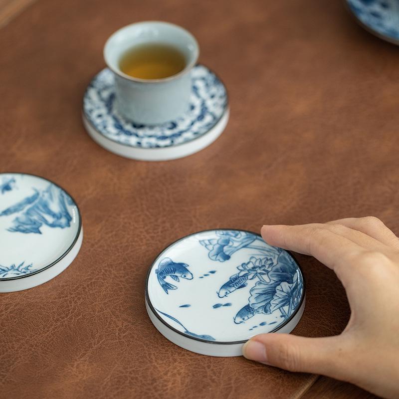 Zen Style Retro Blue & White Porcelain Tea Cup Coaster – Ceramic Anti-Scald Heat Insulation Pad for Gongfu Tea Ceremony.