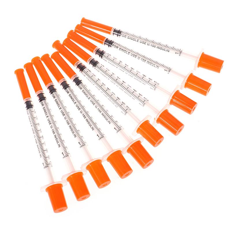 10Pcs 1Ml Disposable Plastic Sterile Insulin Syringe Orange Cap Plastic Liquid Dispenser