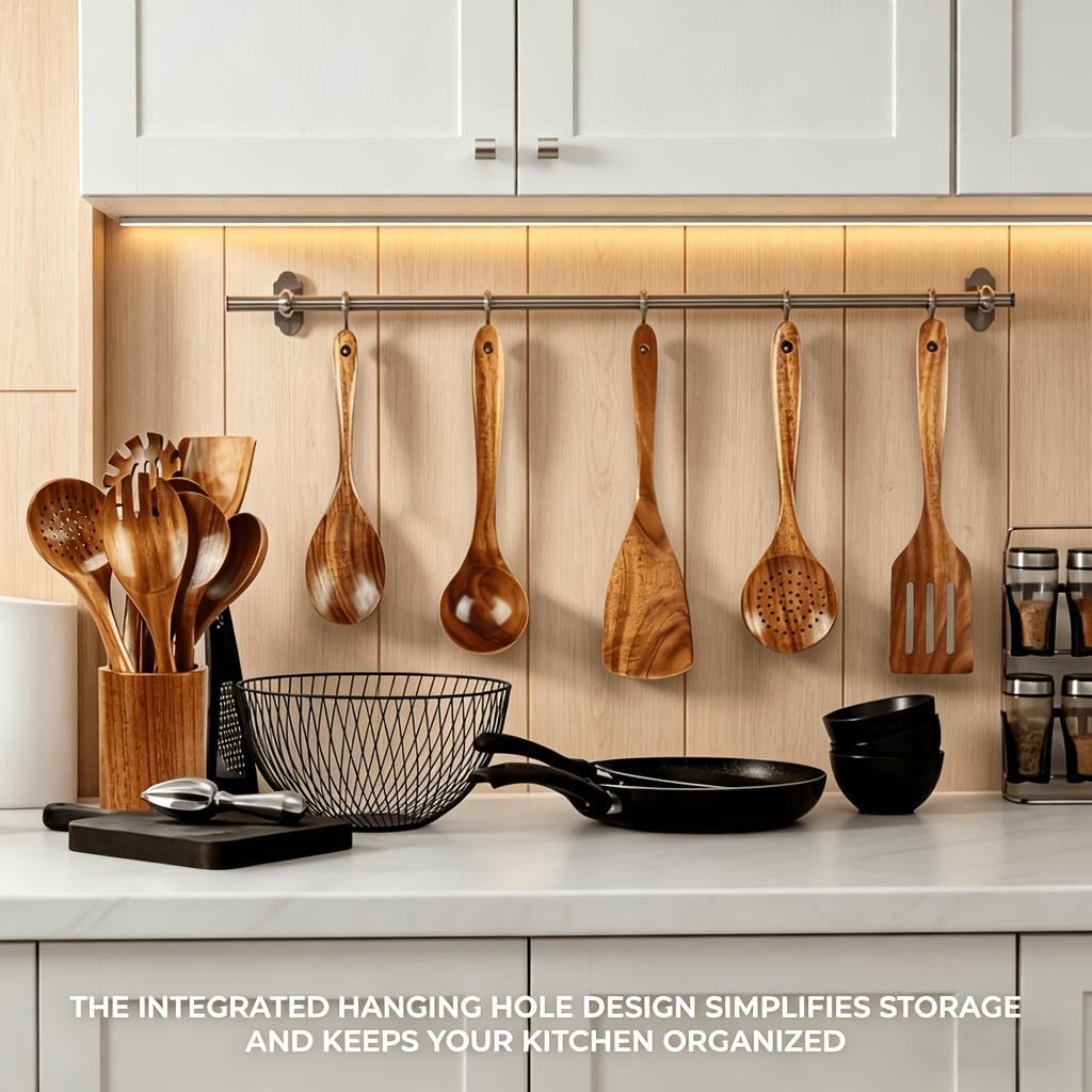 Wooden Kitchen Utensil Set, Natural Wooden Spoons – Premium Kitchen Tools, Ideal for Stirring, Mixing & Serving – Durable