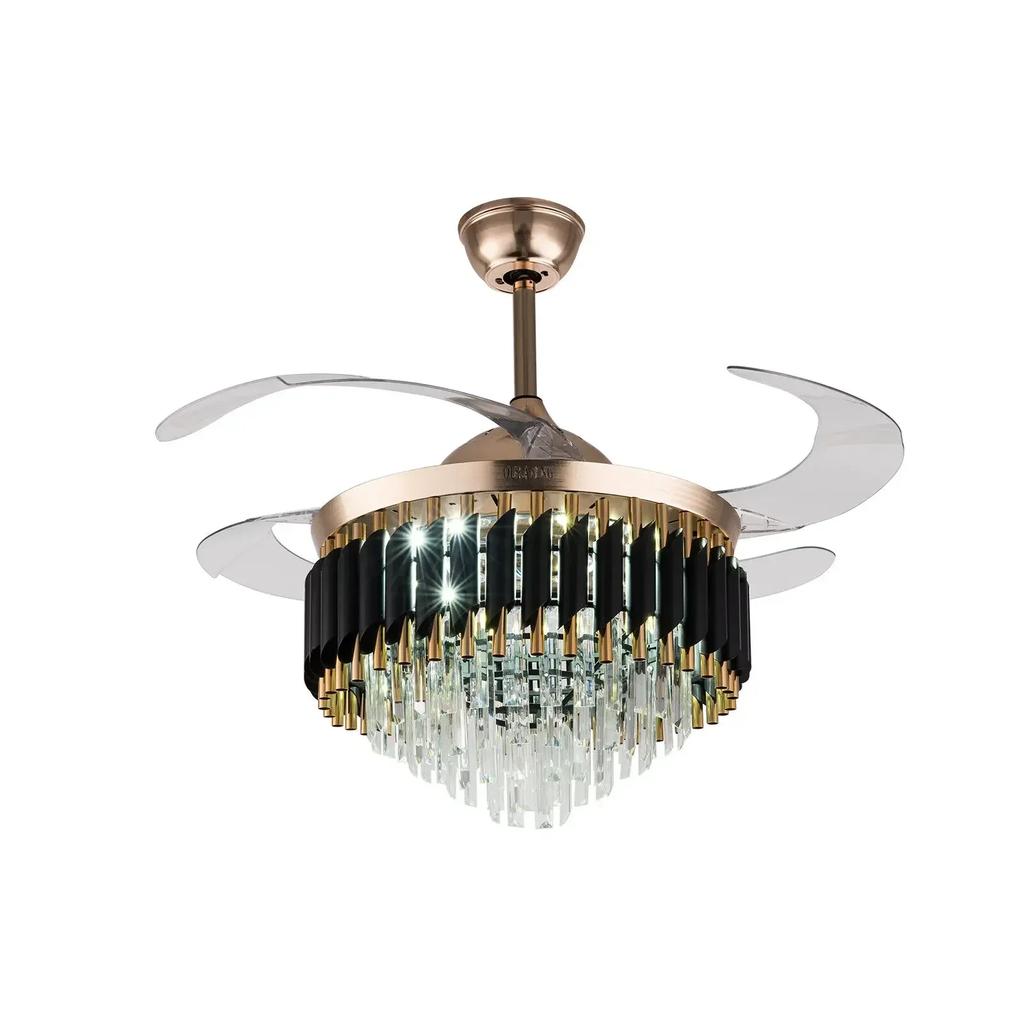 Modern Crystal LED Ceiling Fan Chandelier 42" Retractable Blades Remote Control 3-Speed Lighting Pendant Lights
