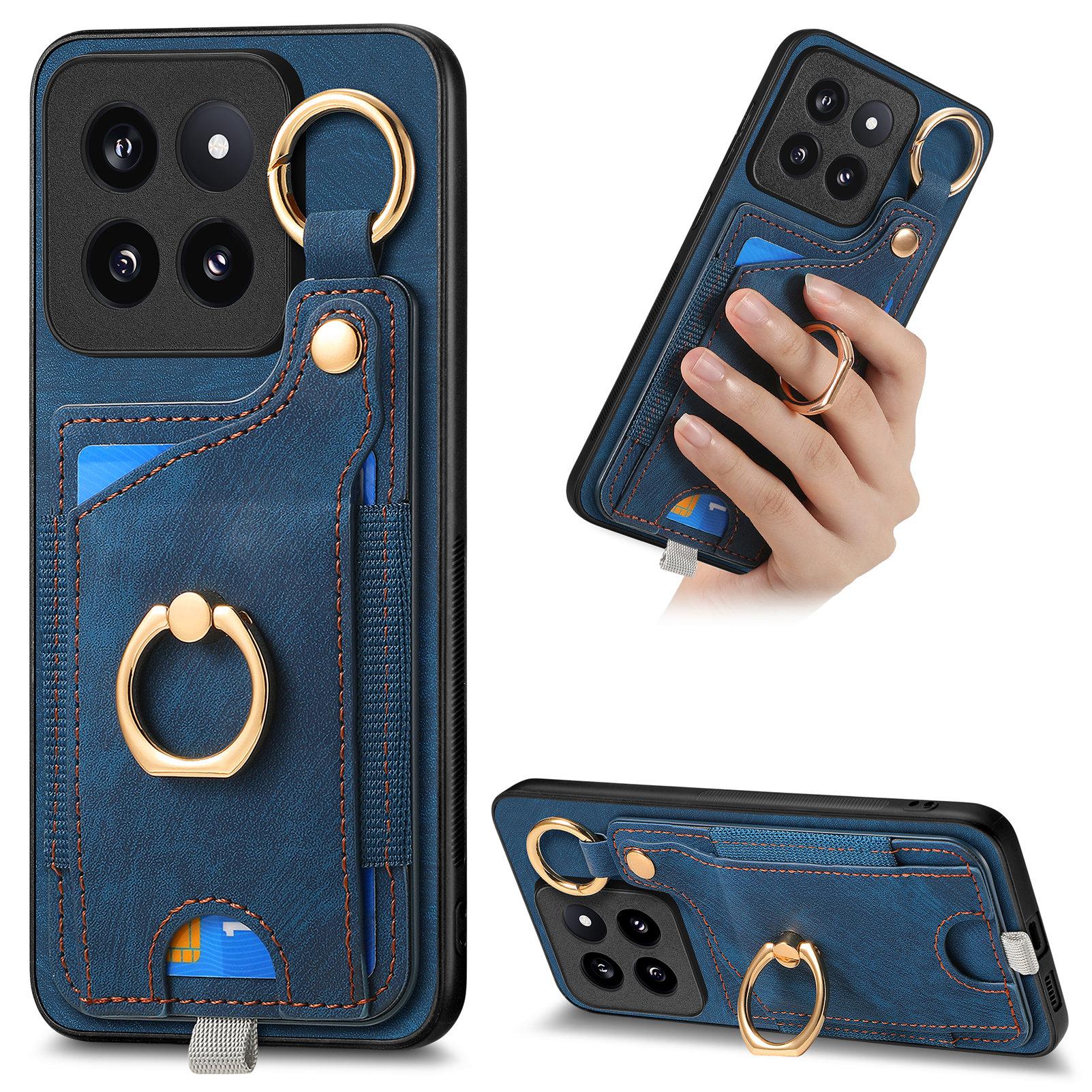 

For Xiaomi 14 Pro Case Shockproof Retro Leather Phone Back Cover with Card Slot Blue