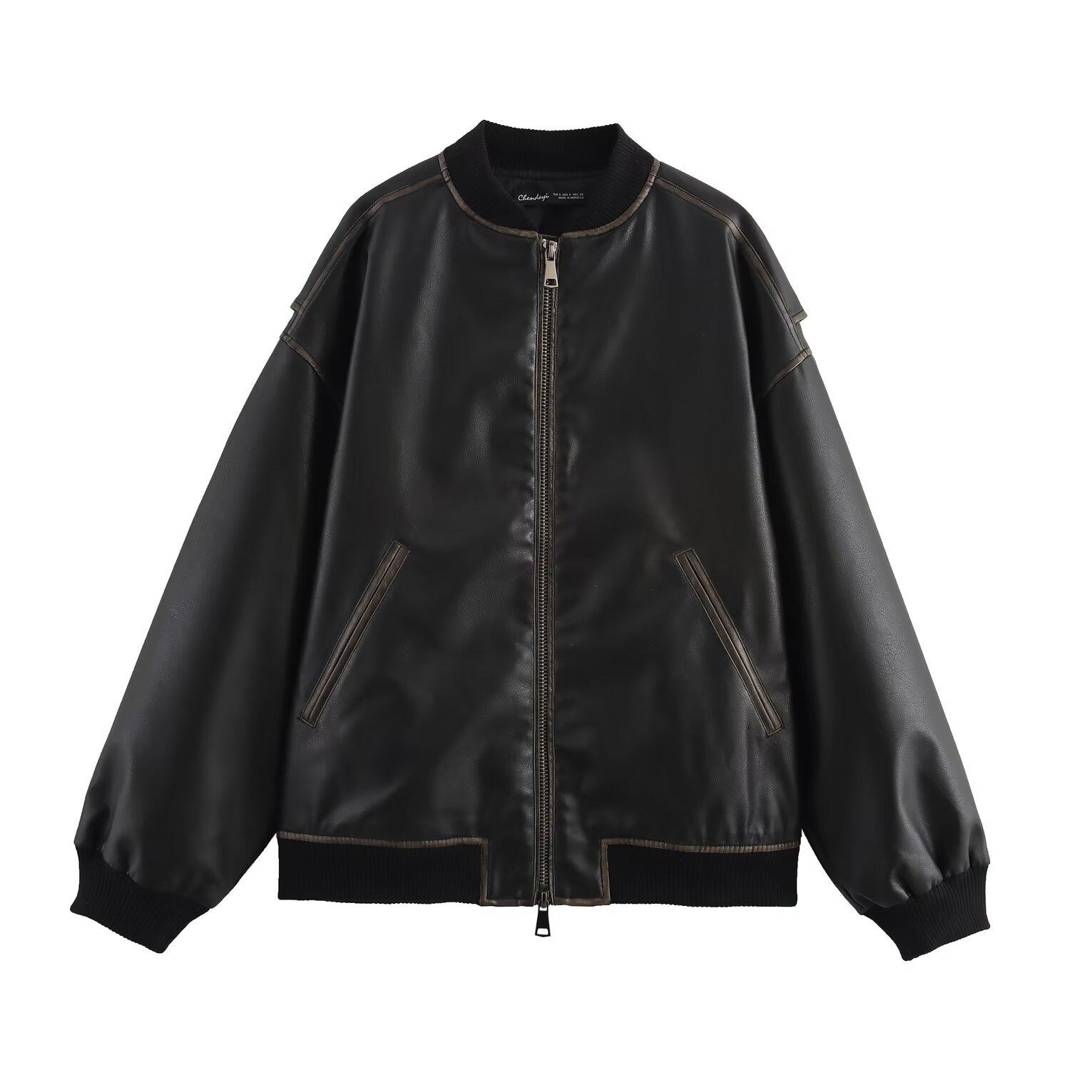 

2024 Осень/Зима Женская Модная Кожаная Куртка-Косуха - Европейский и Американский Стиль, Модель 81864 Large чёрный