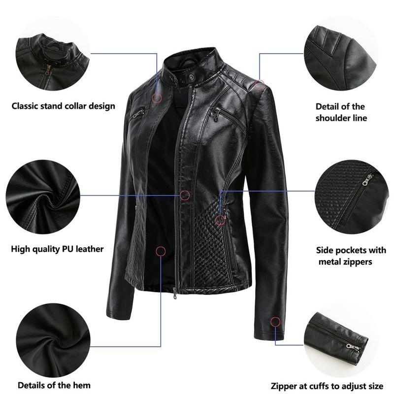 VANGULL Brand Women's Leather Jacket Casual Stand Collar Slim Fit Jacket Coat Spring Autumn Solid Color Coat