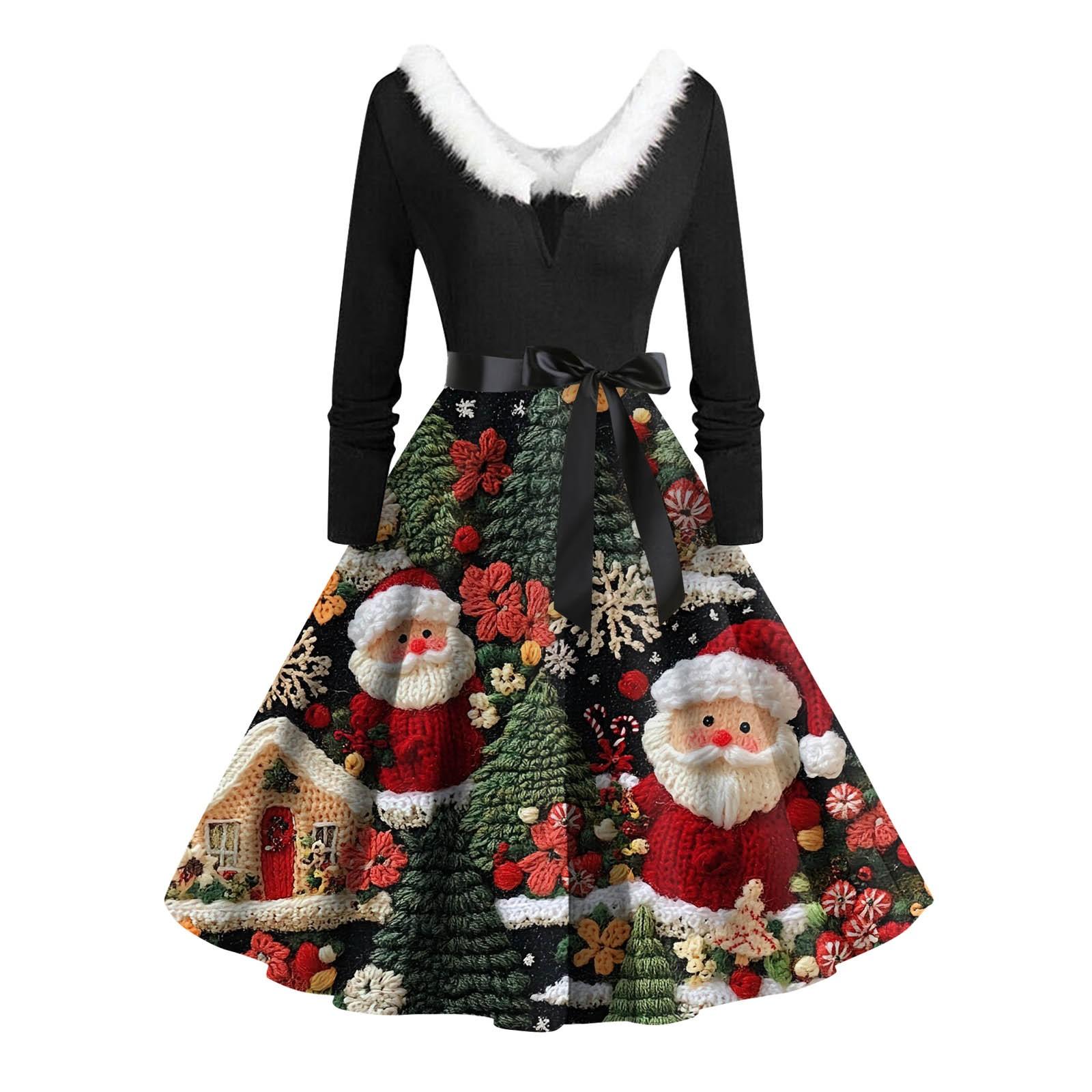 

Женские повседневные модные длинные платья с рождественским графическим принтом и длинными рукавами в винтажном стиле M