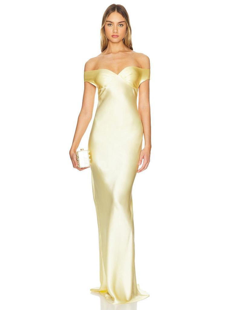 Elegante abito da sera europeo a sirena in raso con spalle scoperte, collezione 2025.