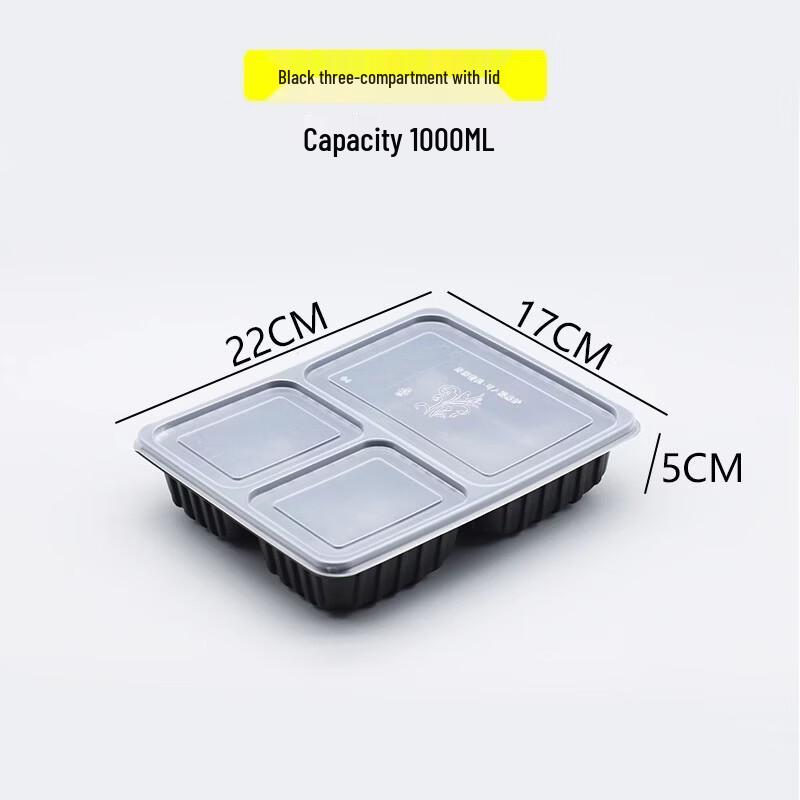 Hundun W07 Black 3-Compartment 1000ml Disposable Takeaway Container
