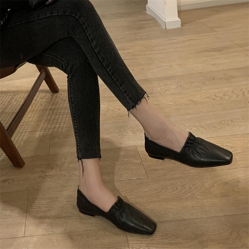 Meotina Mocassins plats en cuir véritable pour femmes, chaussures décontractées plissées à bout carré, à la mode, noires, taille 40-33, printemps 2022