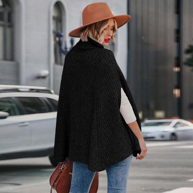 2025 Autumn/Winter Women's High Neck Loose Fashion Cape Sweater - Solid Color