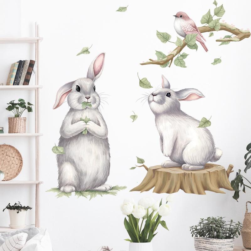 Cute Rabbit Birds Wall Sticker Green Leaves Decorative Wallpaper Self Adhesive Living Room Wall Murals TV Background Home Decor