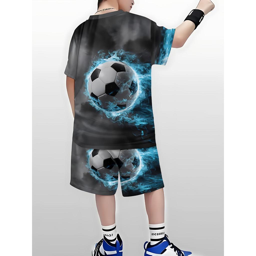 Boys' 3D Soccer Ball Print Casual Outfit - Short Sleeve T-Shirt & Shorts Set, Lightweight Polyester, Black & Blue Design