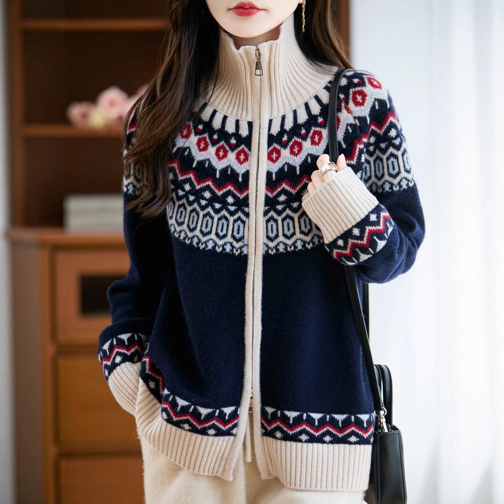 Retro Double Zipper Thick Floral Blouse for Winter, A Warm Sweater Coat for Women