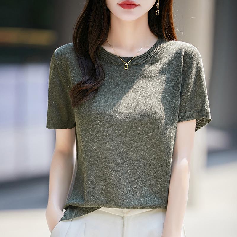 Women's V-Neck Lyocell Linen Knit T-Shirt - Spring/Summer 2026