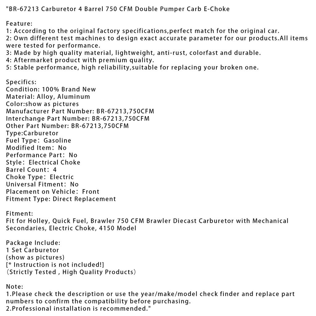 BR-67213 Carburetor 4 Barrel 750 CFM Double Pumper Carb E-Choke