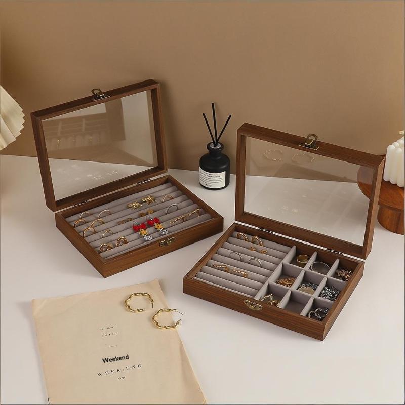 Retro Valnøddetræ Farve Smykkeboks Med Låg Støvtæt Ring Ørering Armbånd Organizer Der Separation Smykkeboks