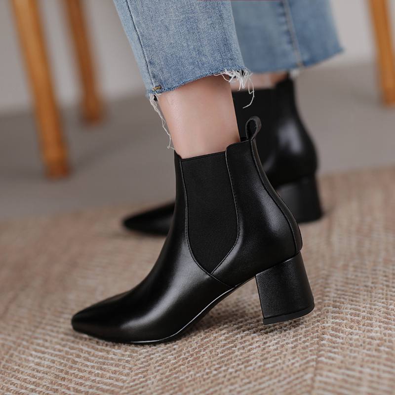 Krazing Pot Kravská kůže Zimní Špičaté špičky Silné střední podpatky Chelsea boty Dámské Nazouvací Velká velikost Retro Stručný styl Kotníkové boty