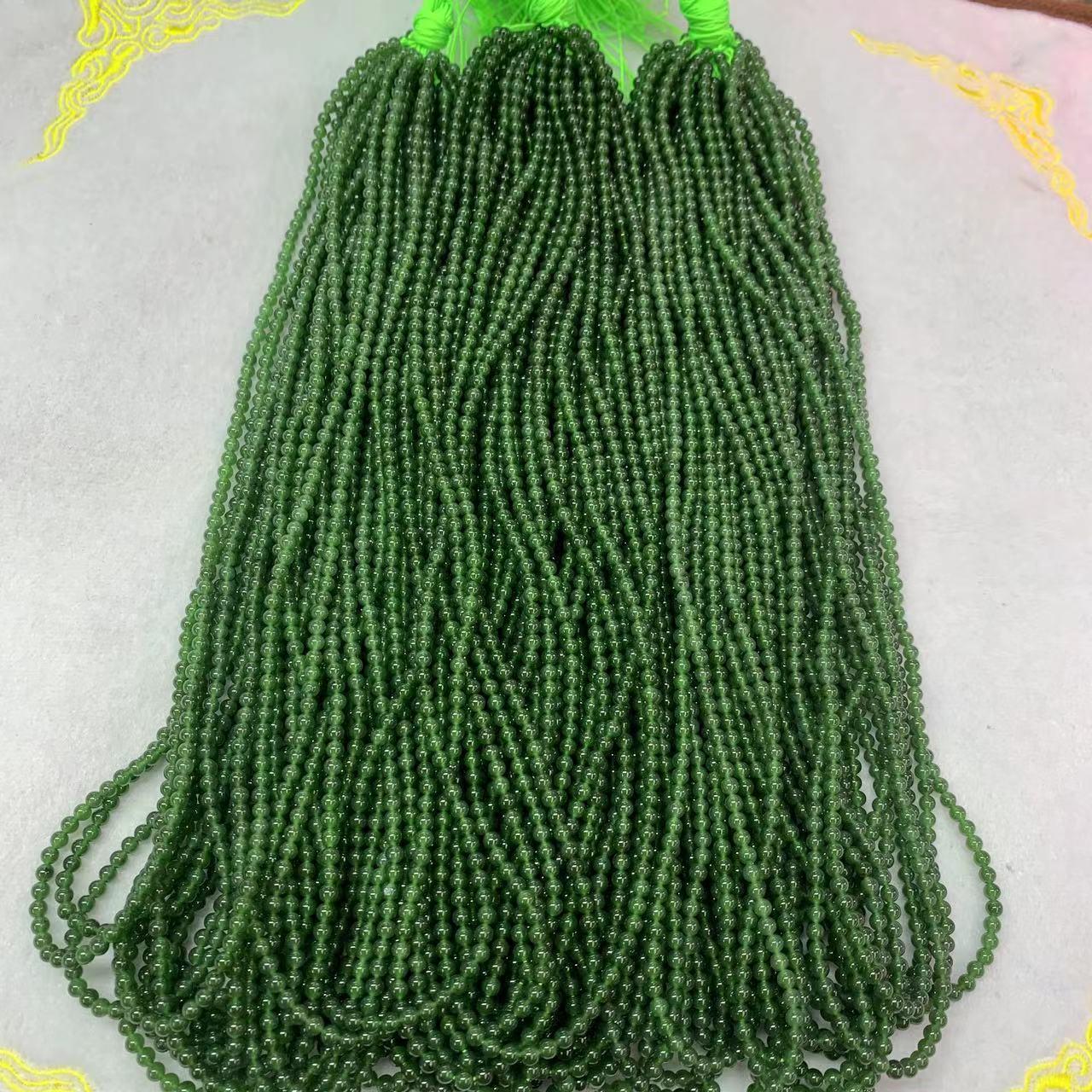 4mm Spinach Green Hotan Jade Beads: 140-Piece Set, Oily, Smooth, with Slight Black Spots, Ideal for Buddhist Chains.