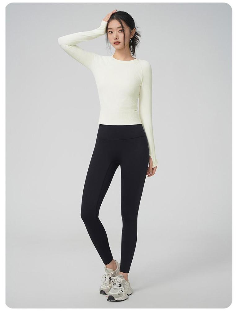 Women's Seamless Slimming Round Neck Long Sleeve Yoga Top - Breathable, Waist-Cinching Fitness Wear for Autumn and Winter