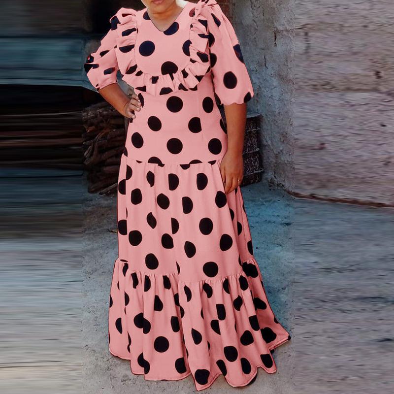 

Женские платья больших размеров с оборками, круглым вырезом и рукавами средней длины в горошек 2XL