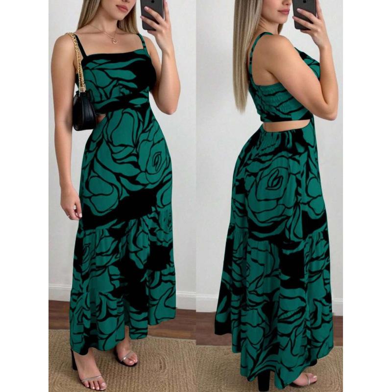 Europe, America 2026 summer new fashion temperament design floral print off-the-shoulder suspender dress XS