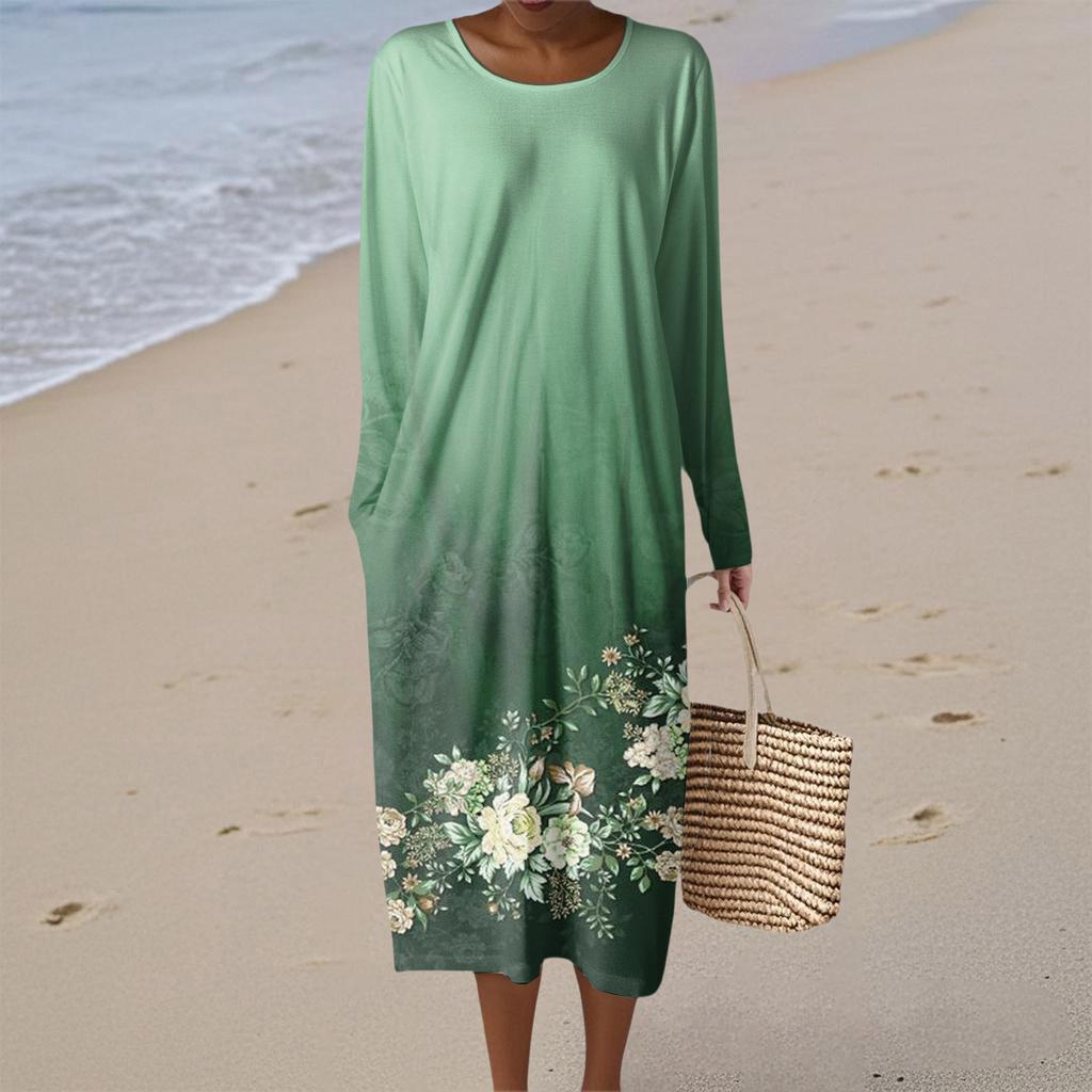 Women's Fashion Casual Long Sleeve Retro Floral Print Round Neck Pocket Elegant Temperament Dress