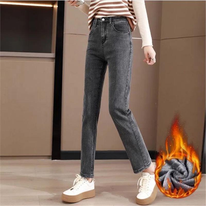 High-Waisted Slimming Velvet Straight-Leg Jeans for Women - Trendy Winter Cigarette Pants